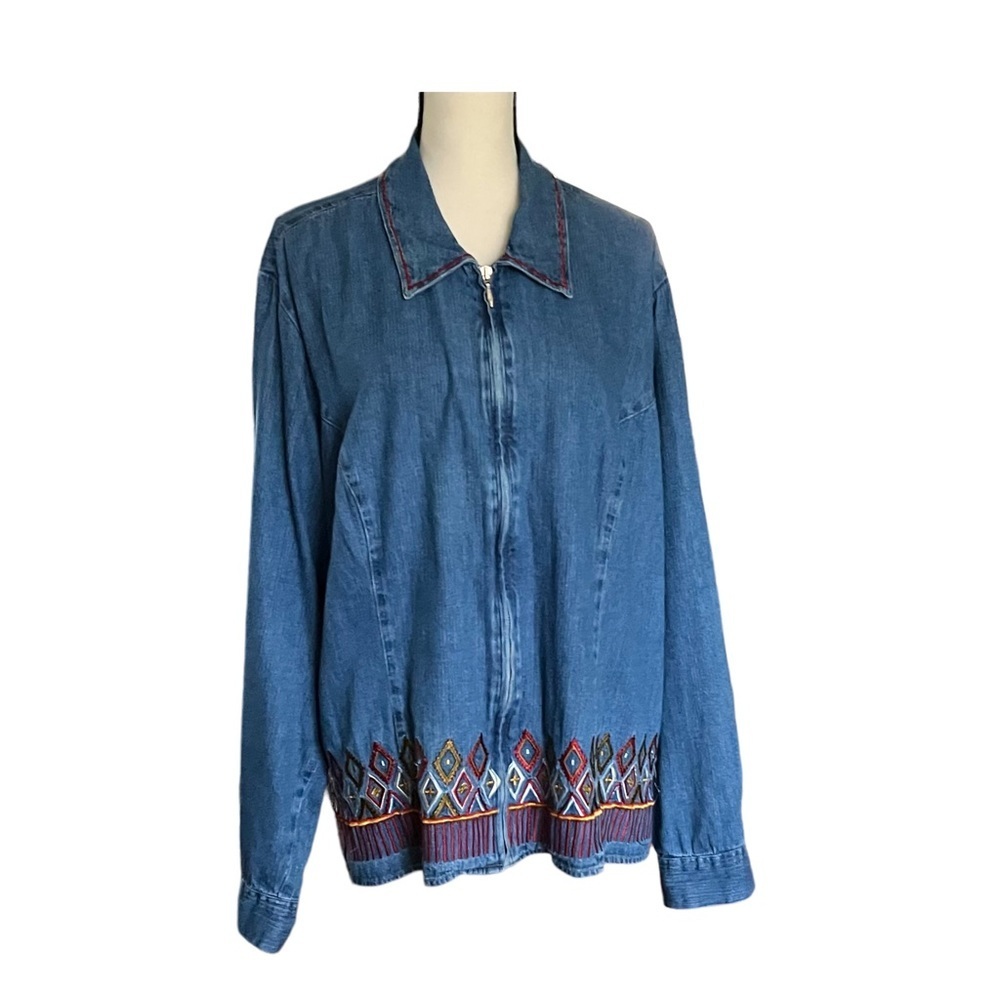 Vintage embroidered denim zip up jacket.